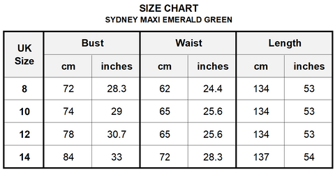 Sydney Maxi Emerald Green Size Chart